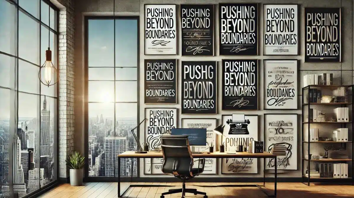 n inspirational office setting with a wall filled with framed quotes about pushing beyond boundaries, depicted in a modern and stylish workspace with a cityscape view.