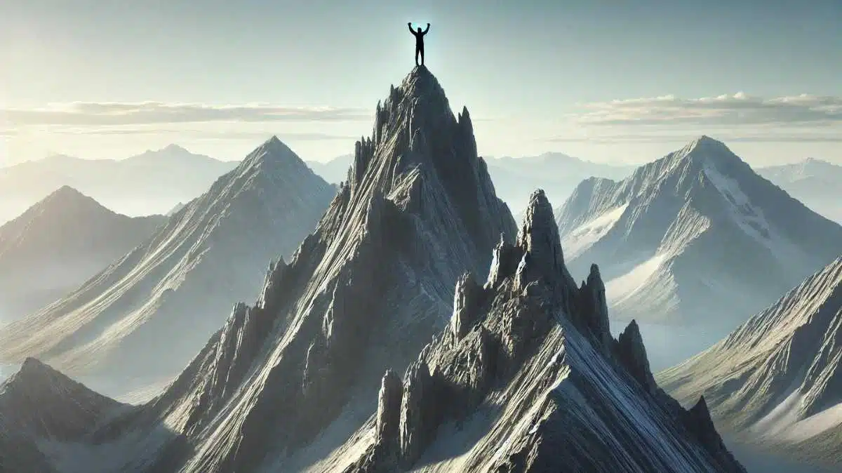 A mountain peak with a person standing at the summit, arms raised in triumph, symbolizing motivation and success in reaching goals.