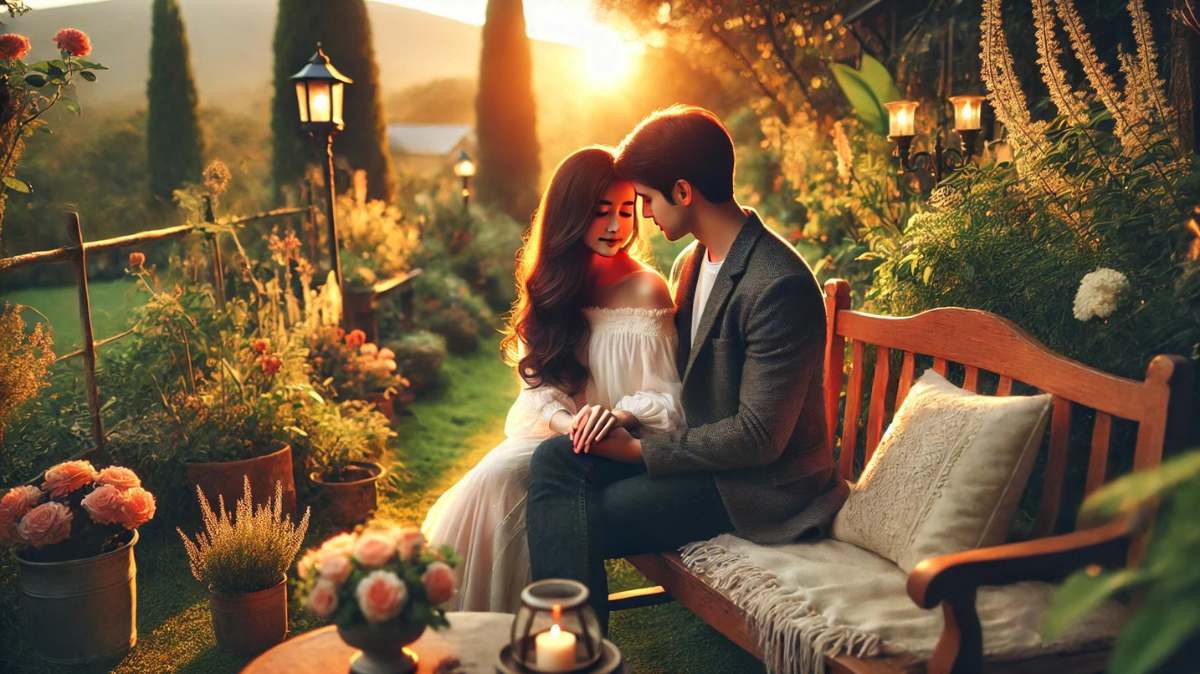 A romantic scene of a couple sitting closely on a cozy bench during sunset. The man gently holds the woman's hand as they gaze into each other’s eyes, surrounded by soft greenery and blooming flowers. The golden sunlight bathes them in warmth, creating a peaceful and intimate atmosphere full of affection and connection.