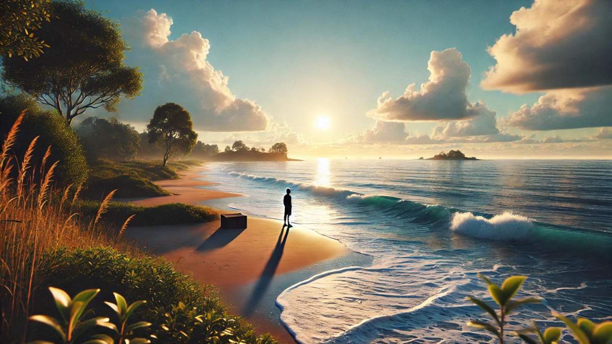 Person standing alone at a peaceful beach during sunset, gazing at the ocean waves under a clear blue sky with green trees in the background, symbolizing heartbreak and emotional healing.