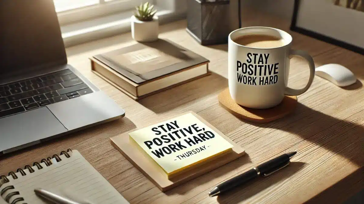 A neatly arranged desk with a coffee mug, a notepad, and a sticky note displaying a motivational quote, boosting productivity on a Thursday morning.