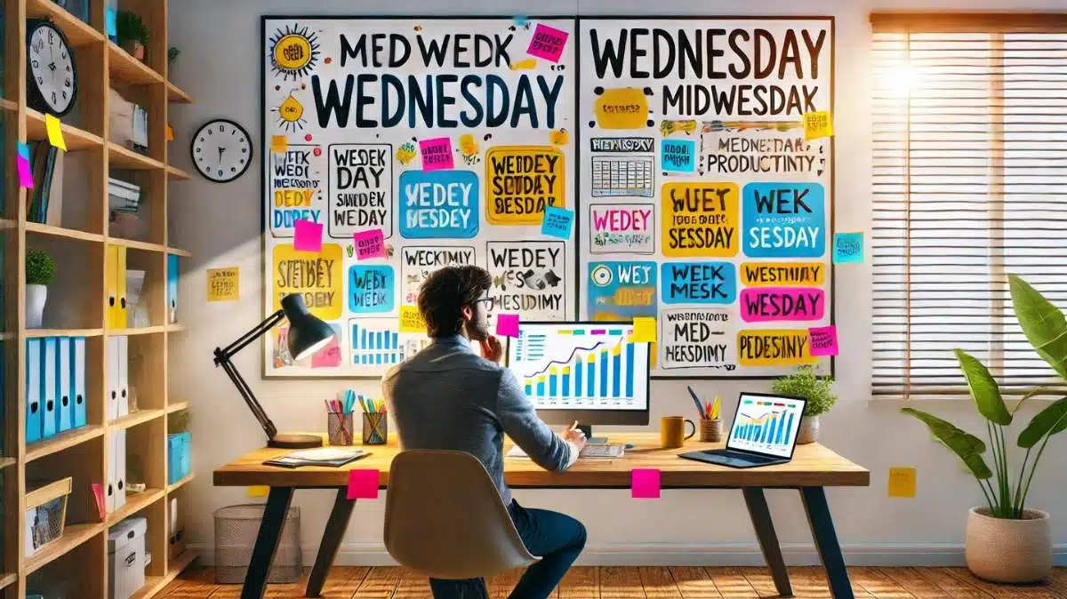 A person at a desk looking focused, surrounded by motivational quotes, ready to tackle Wednesday's tasks.