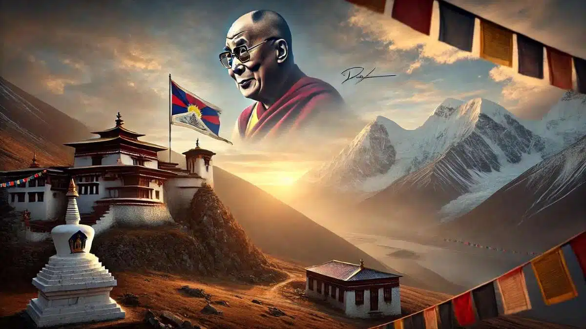 A serene Himalayan sunrise symbolizing wisdom and peace, featuring the Dalai Lama's face blended into the sky. Tibetan prayer flags flutter in the foreground, with his signature in the lower right corner. The image evokes the essence of Dalai Lama quotes and spiritual teachings.