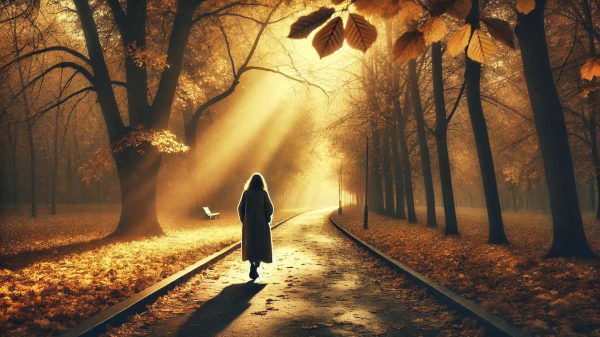 An emotional scene of a person walking alone on a quiet path in a peaceful autumn setting, surrounded by falling golden leaves. The image reflects the solitude and heartache of a broken relationship, evoking feelings of loss and reflection. It visually complements the theme of emotional relationship broken heart quotes.