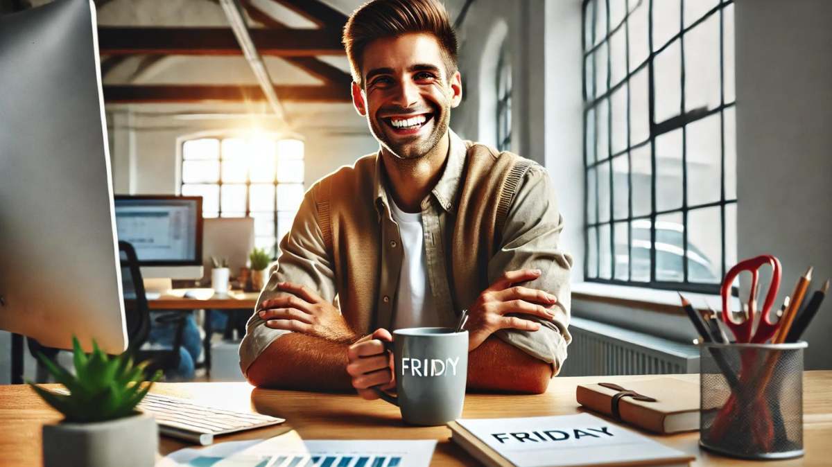 Person smiling at desk with a coffee mug, energized to finish work on Friday