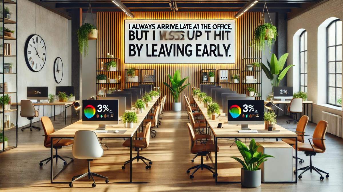 A modern, open office space featuring sleek desks with computers and green plants, creating a relaxed and productive atmosphere. In the center, a whiteboard displays a funny motivational quote in bold, colorful text: “I always arrive late at the office, but I make up for it by leaving early.”