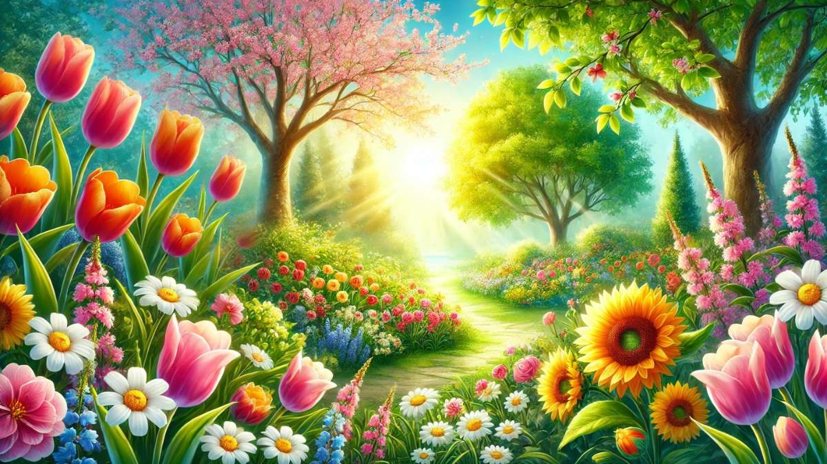 Beautiful spring scene with colorful blooming flowers, lush green trees, and soft sunlight, symbolizing new beginnings and growth, perfect for celebrating 'Hello May quotes' and welcoming the fresh energy of the month.