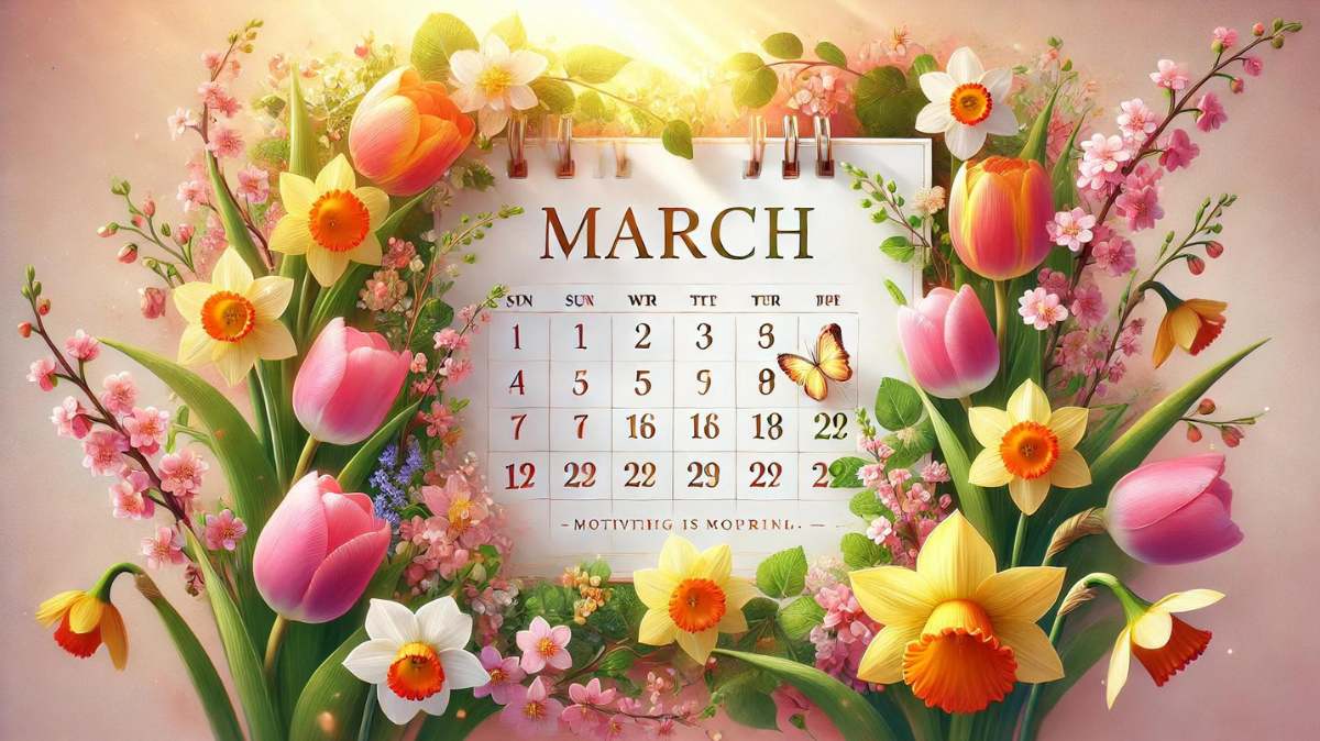 March calendar with inspirational quote and spring flowers