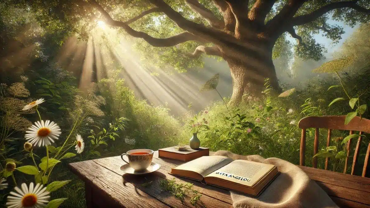 Serene outdoor scene with a wooden table, open book, and cup of tea under a sunlit oak tree, evoking Maya Angelou quotes.