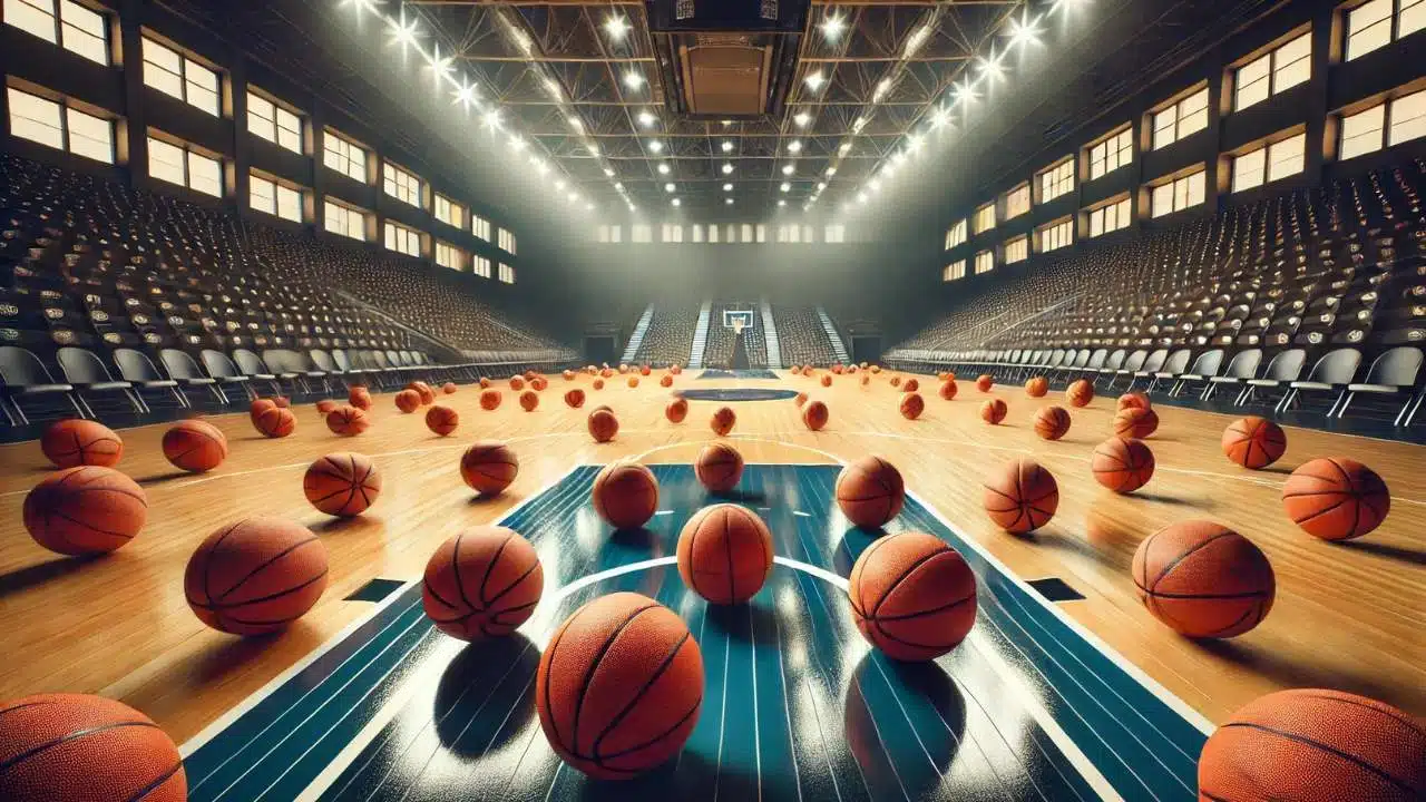 An empty basketball court with dozens of basketballs scattered across, symbolizing the relentless work ethic, perseverance, and drive often associated with Michael Jordan's quotes on success and greatness.