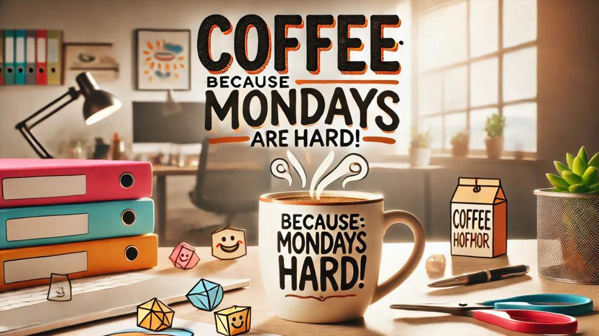 A funny Monday quote with coffee and office humor, perfect to brighten your Monday morning and start the week with a smile.