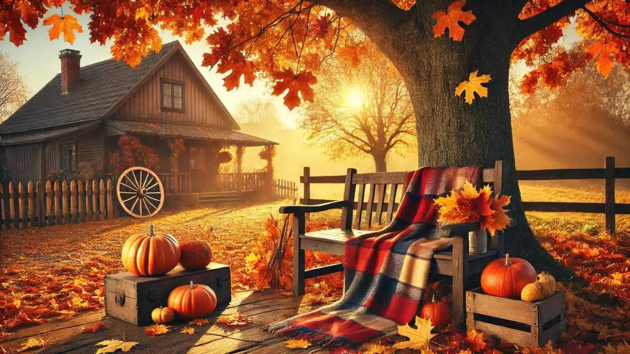 A warm and welcoming October scene featuring colorful autumn leaves and cozy vibes.