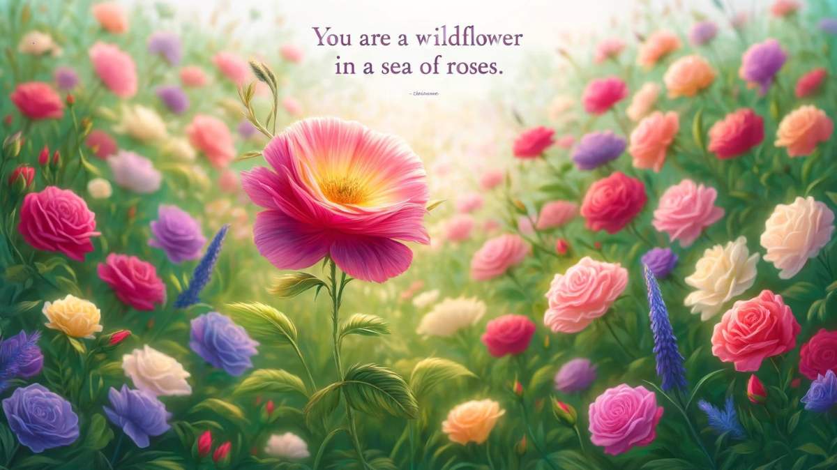 Wildflower blooming in a meadow with quote text: 'You are a wildflower in a sea of roses.