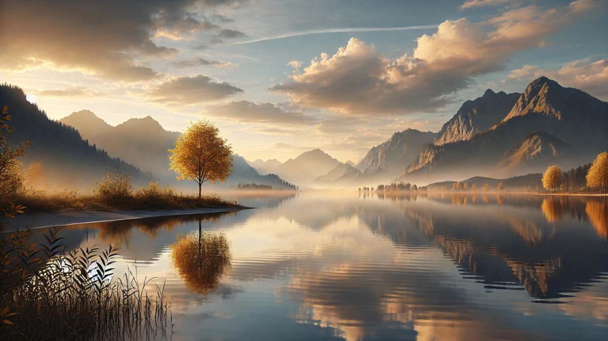 A calm sunrise over a lake with mountains and a lone tree with autumn leaves, evoking reflection and serenity, ideal for life quotes.