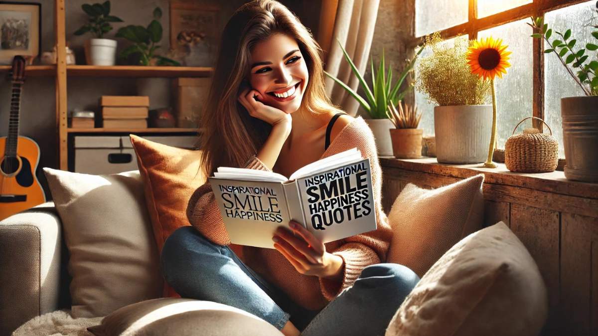 Woman smiling while reading smile happiness quotes for daily inspiration.