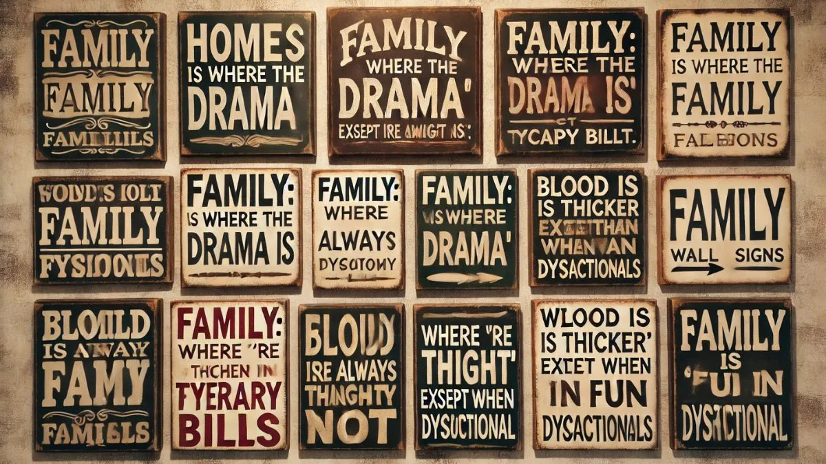Collection of fake family quotes that humorously portray toxic family relationships.