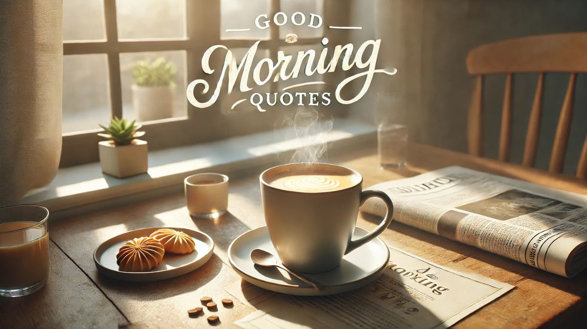 A cozy cup of coffee on a sunny morning with the text "Good Morning Quotes" to inspire a great start to the day.