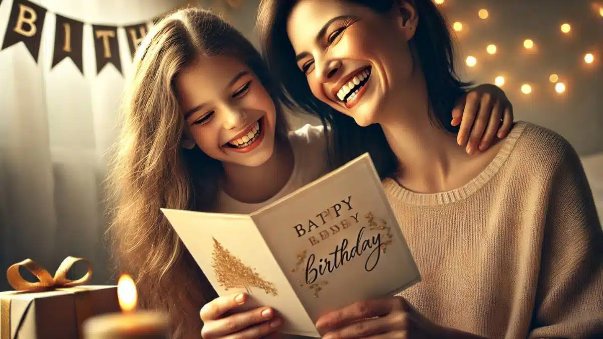 Mother and daughter laughing together, sharing a heartfelt birthday moment with a thoughtful quote