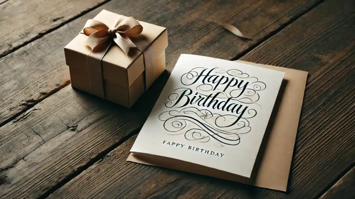 An open greeting card with a handwritten birthday message for a husband, placed beside a wrapped gift on a rustic wooden table. A minimalistic and elegant setup, perfect for expressing happy birthday quotes for a husband.