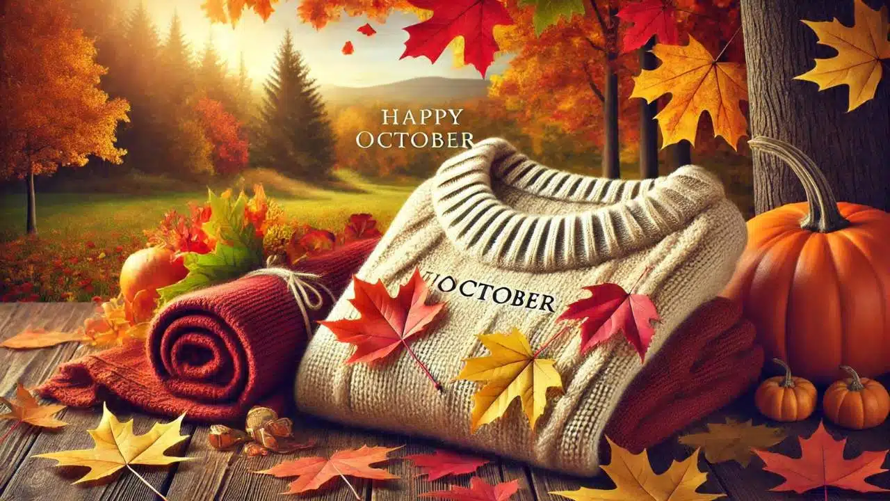 Crisp autumn leaves and cozy sweaters symbolizing the essence of happy October quotes.