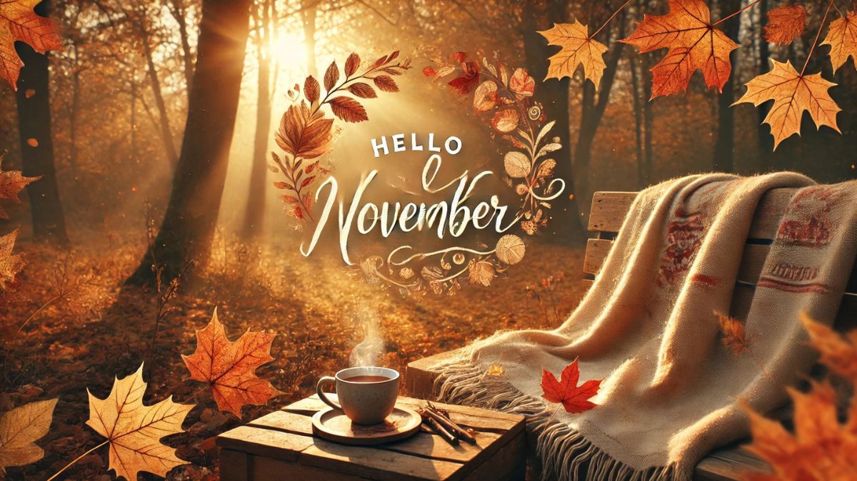 Hello November quotes with autumn leaves and cozy seasonal vibes