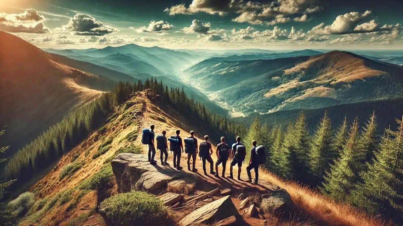 Hikers overlooking a scenic mountain trail, representing hiking adventure quotes.