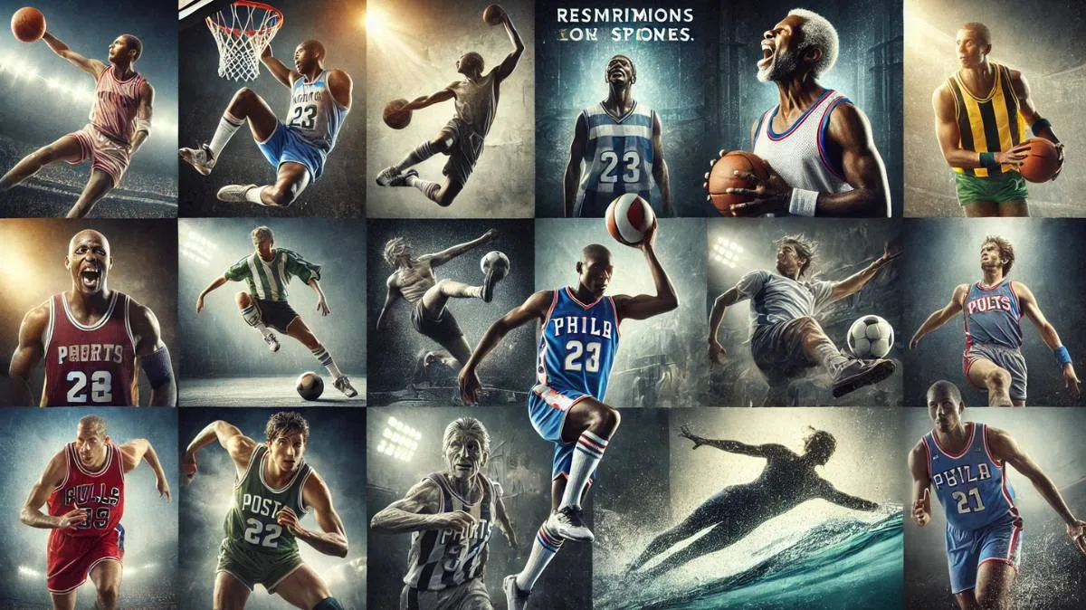 A collage of legendary athletes with inspirational sports quotes promoting motivation, resilience, and teamwork.