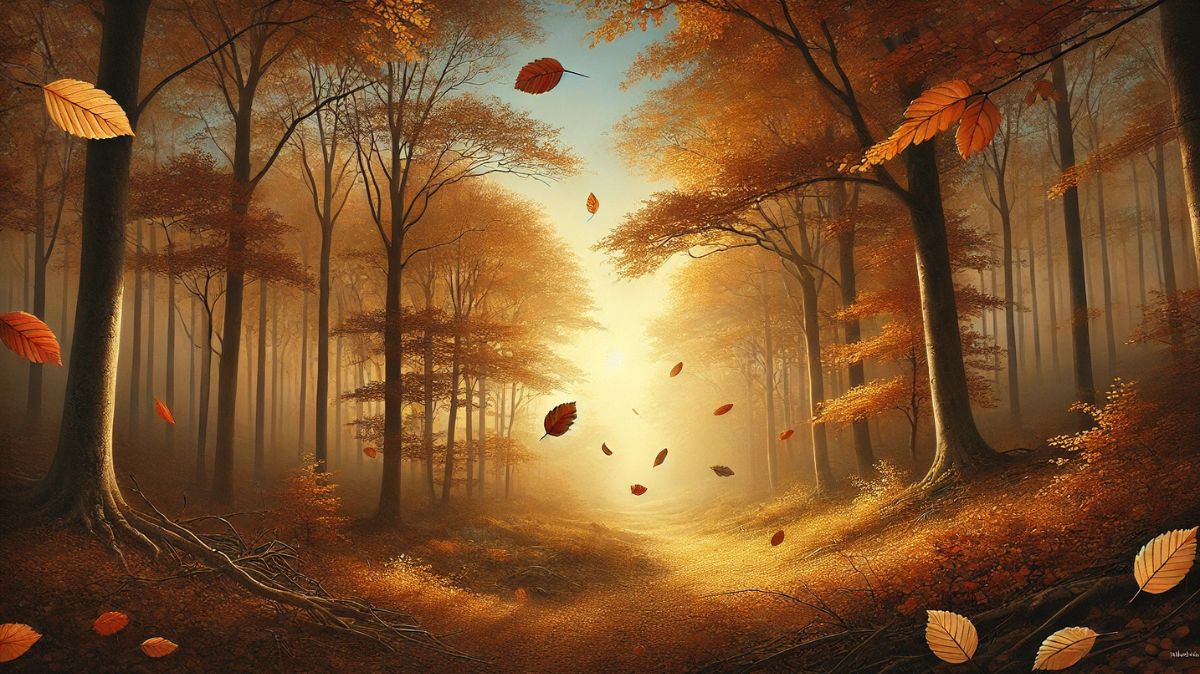 An autumn landscape with falling leaves symbolizing November's quiet transition between seasons, paired with an inspirational quote.