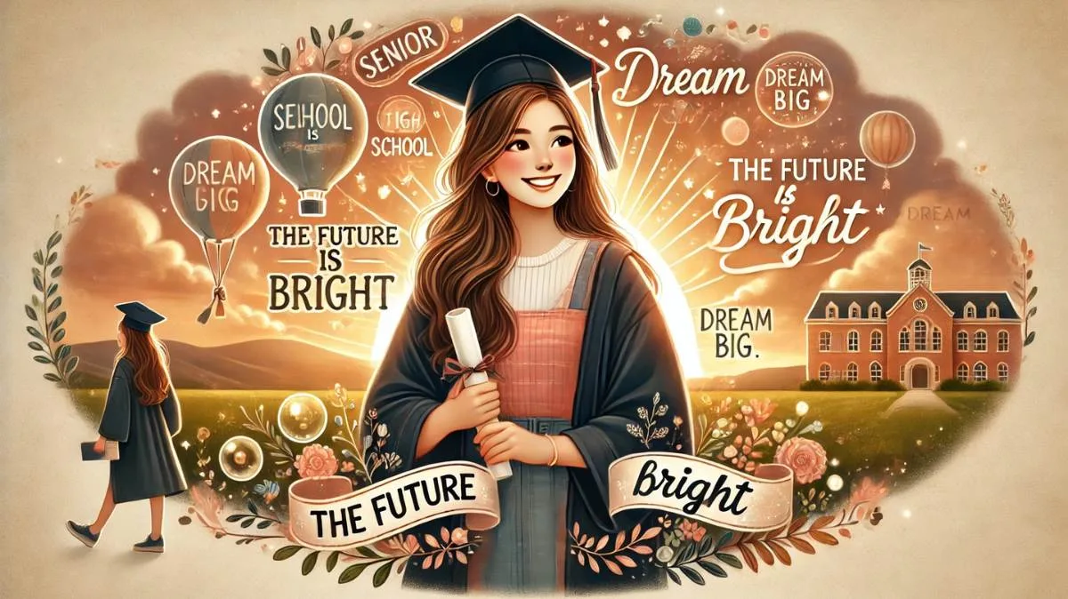 Senior girl holding yearbook with her inspirational senior quote.