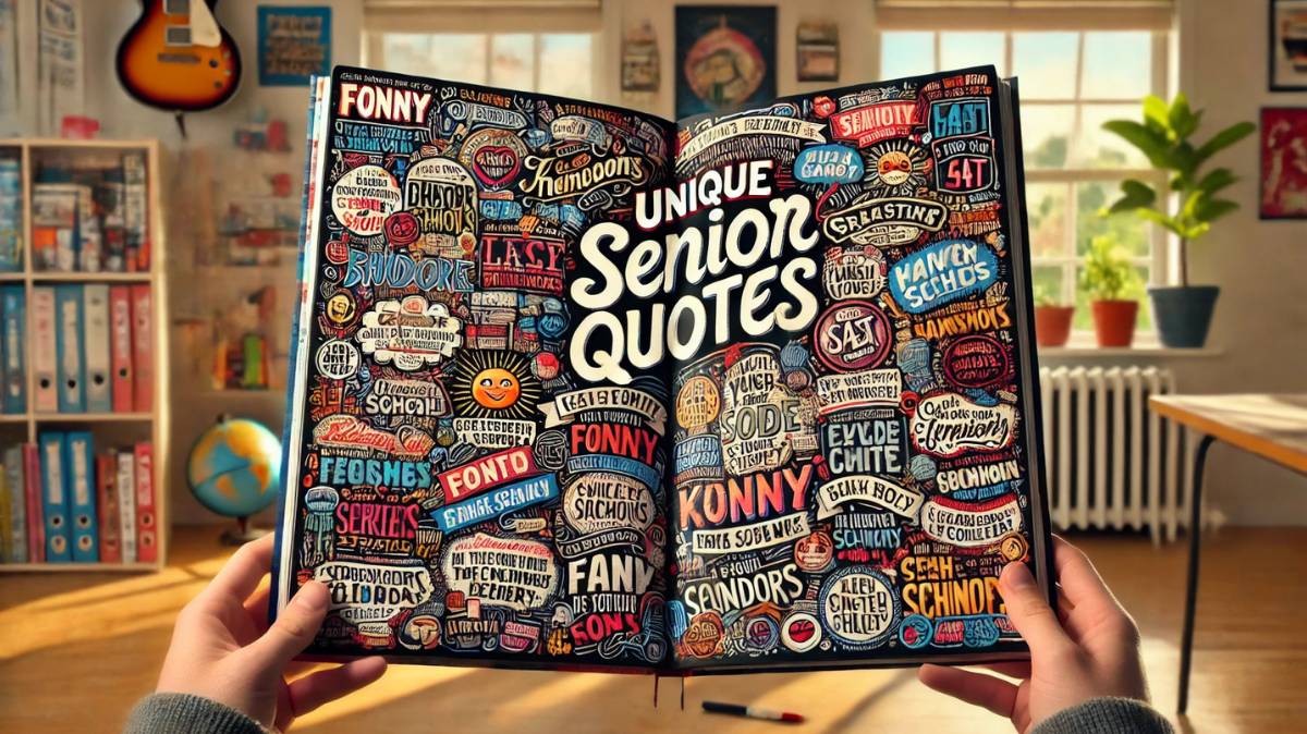 High school graduation caps with text overlay: 75 unique senior quotes for the yearbook.