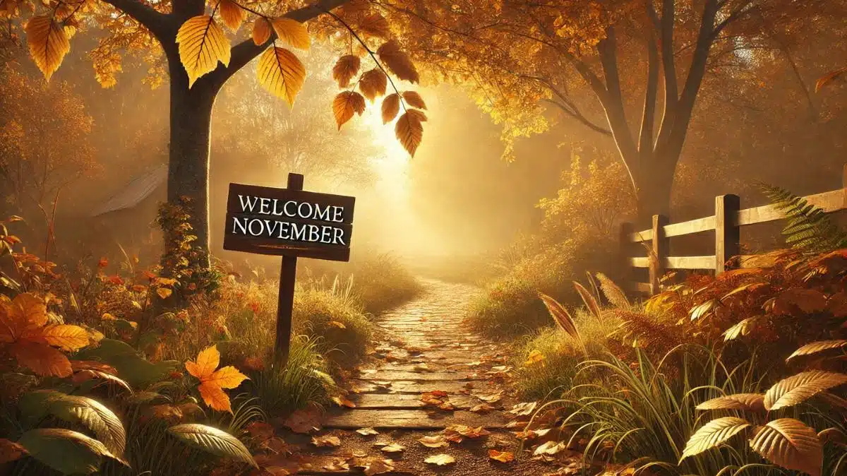 Cozy autumn scene with leaves and coffee – welcome November quotes