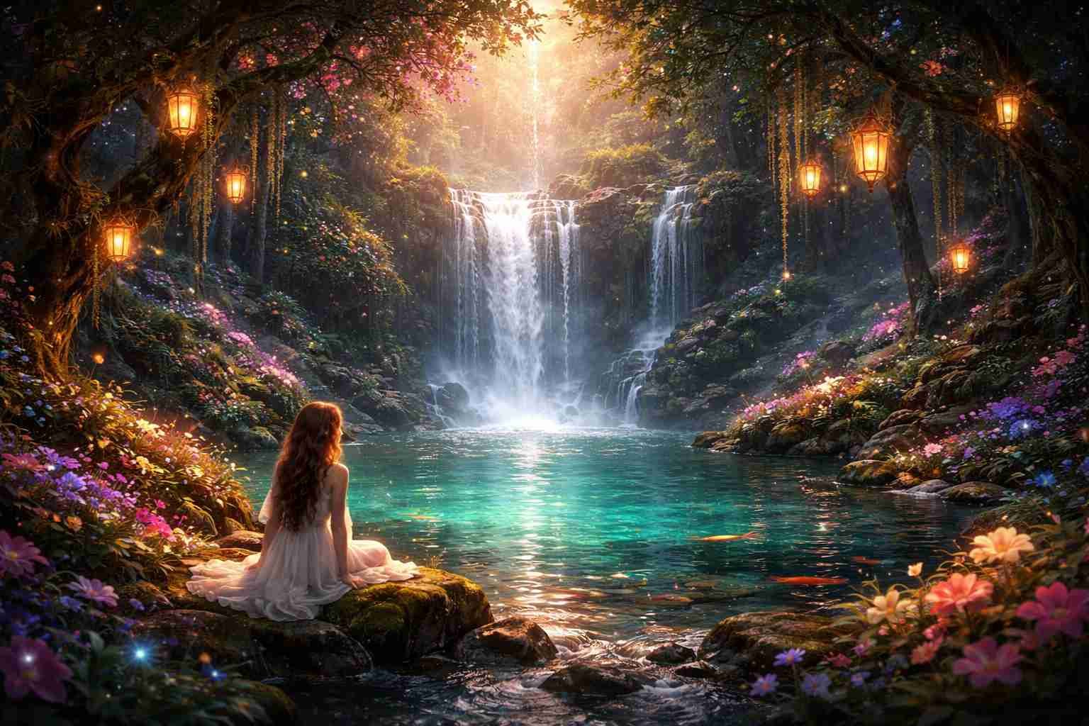 Mindfulness meditation techniques concept art featuring a serene woman in white meditating near a turquoise waterfall in a magical forest