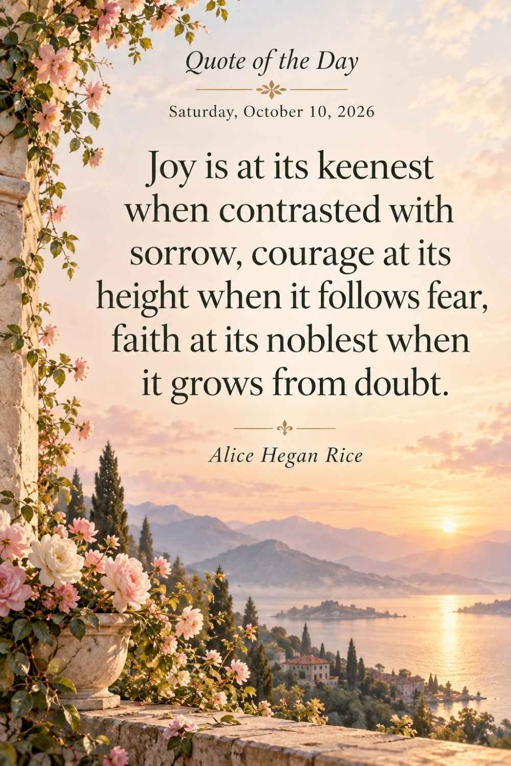 Quote of the Day for October 10, 2026 by Alice Hegan Rice: Joy is at its keenest when contrasted with sorrow, courage at its height when it follows fear, faith at its noblest when it grows from doubt.