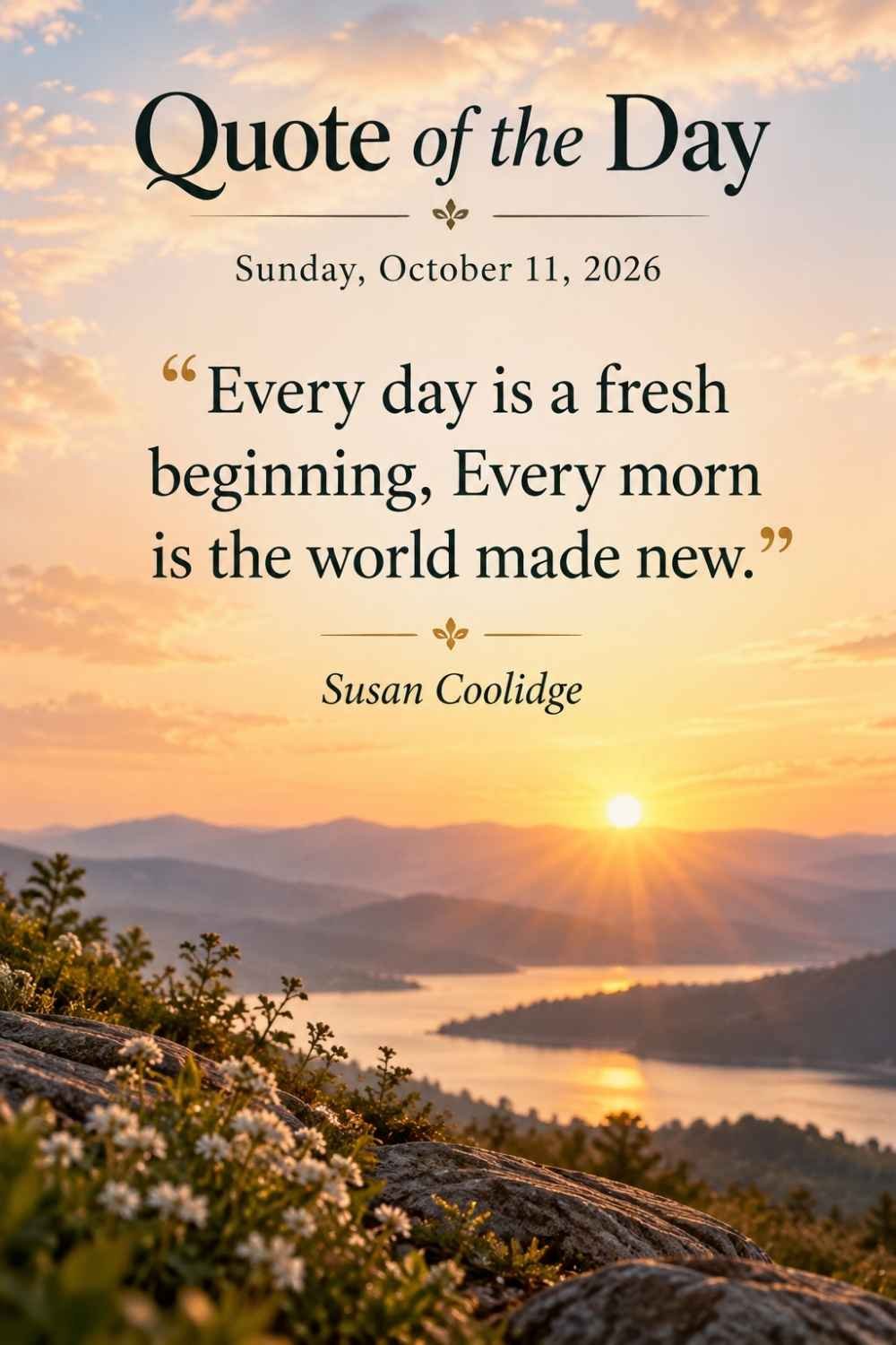Quote of the Day for October 11, 2026 by Susan Coolidge: Every day is a fresh beginning, Every morn is the world made new.