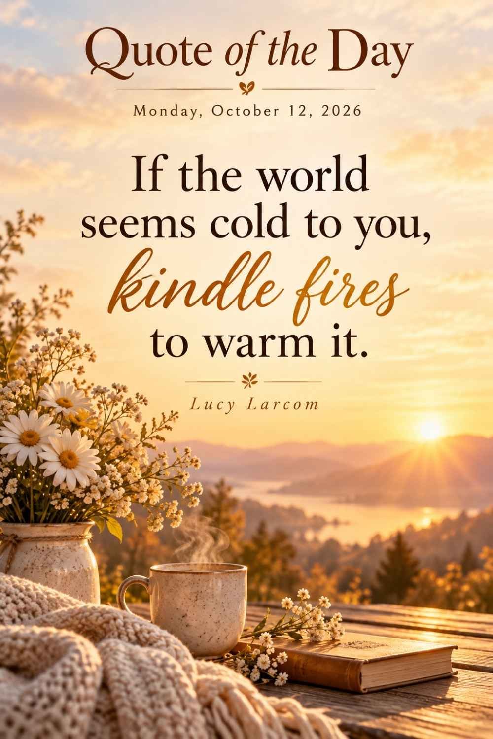 Quote of the Day for Monday, October 12, 2026 by Lucy Larcom: If the world seems cold to you, kindle fires to warm it.