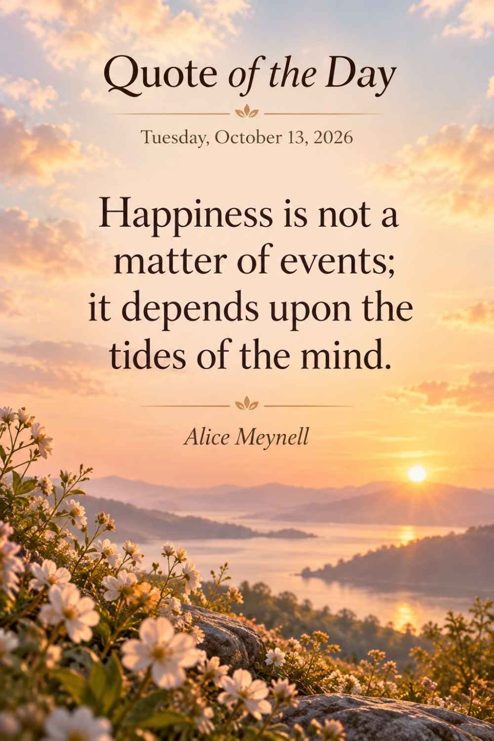 Quote of the Day for Tuesday, October 13, 2026 by Alice Meynell: Happiness is not a matter of events; it depends upon the tides of the mind.