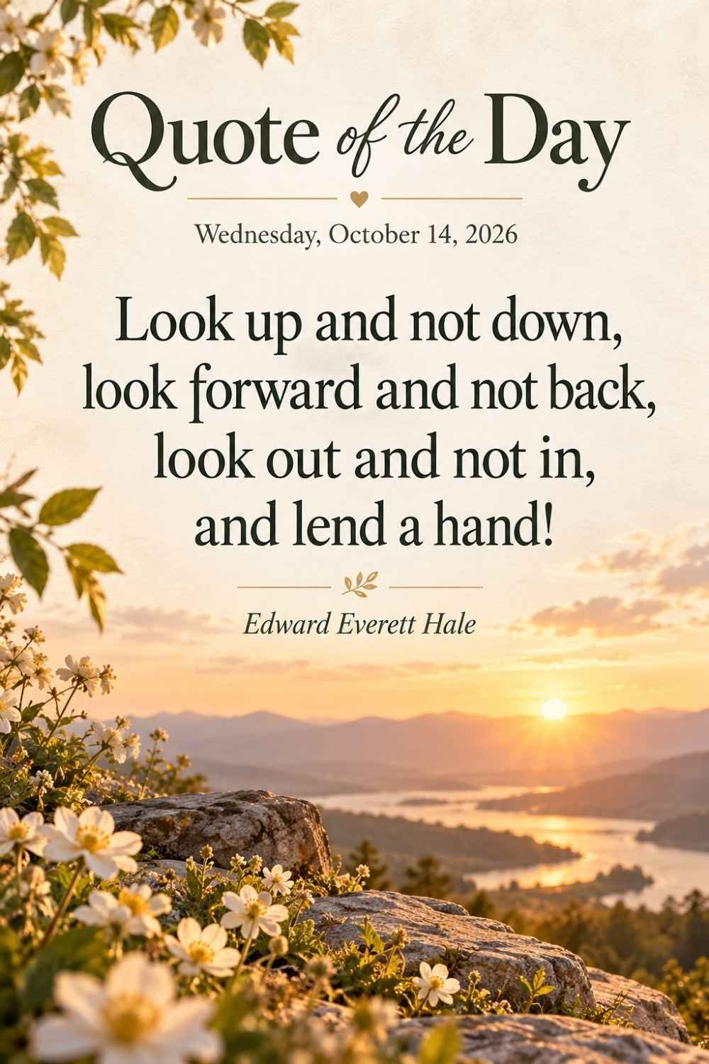 Quote of the Day for Wednesday, October 14, 2026 by Edward Everett Hale: Look up and not down, look forward and not back, look out and not in, and lend a hand!