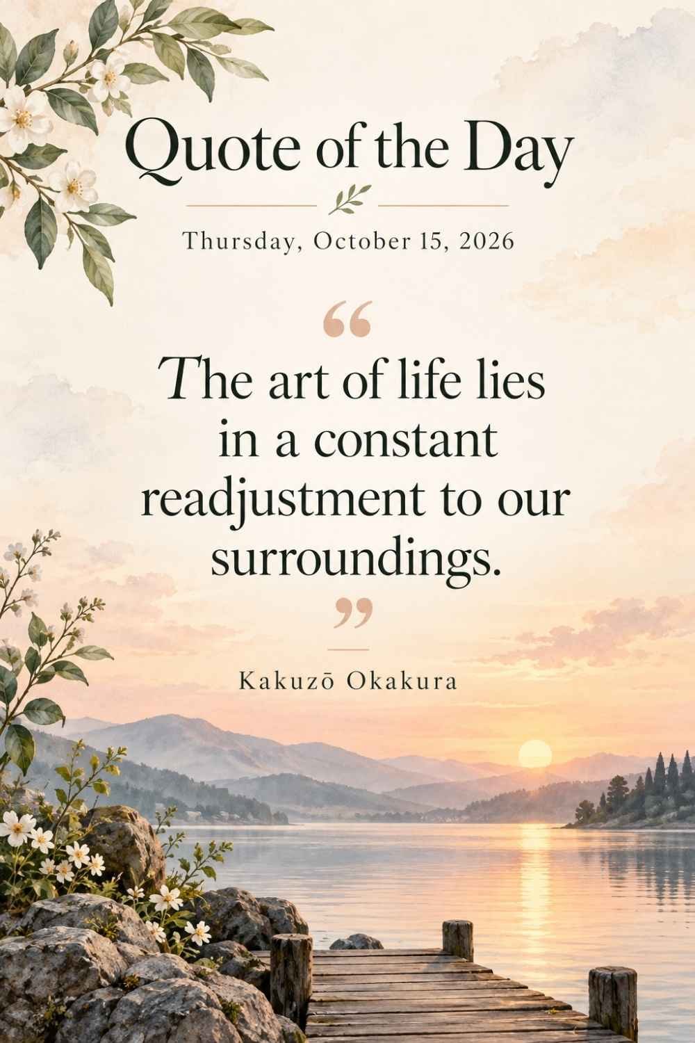 Quote of the Day for Thursday, October 15, 2026 by Kakuzō Okakura: The art of life lies in a constant readjustment to our surroundings.