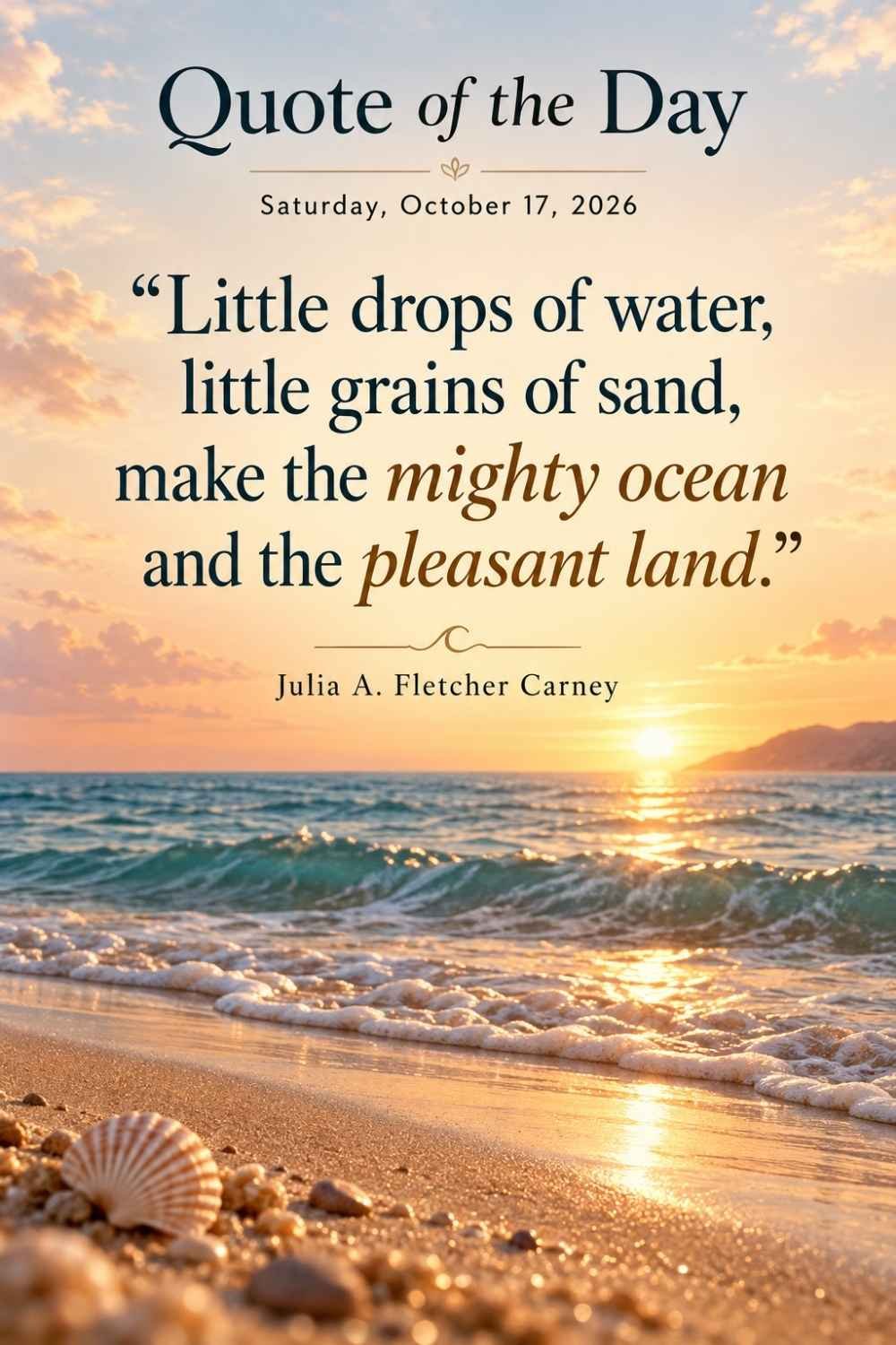 Quote of the Day for Saturday, October 17, 2026 by Julia A. Fletcher Carney: Little drops of water, little grains of sand, make the mighty ocean and the pleasant land.