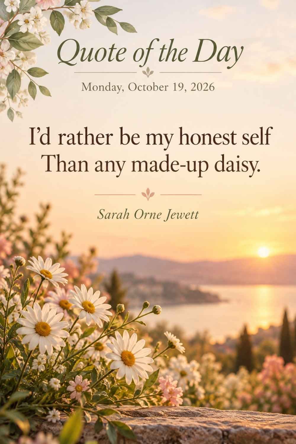 Quote of the Day for Monday, October 19, 2026 by Sarah Orne Jewett: I'd rather be my honest self than any made-up daisy.