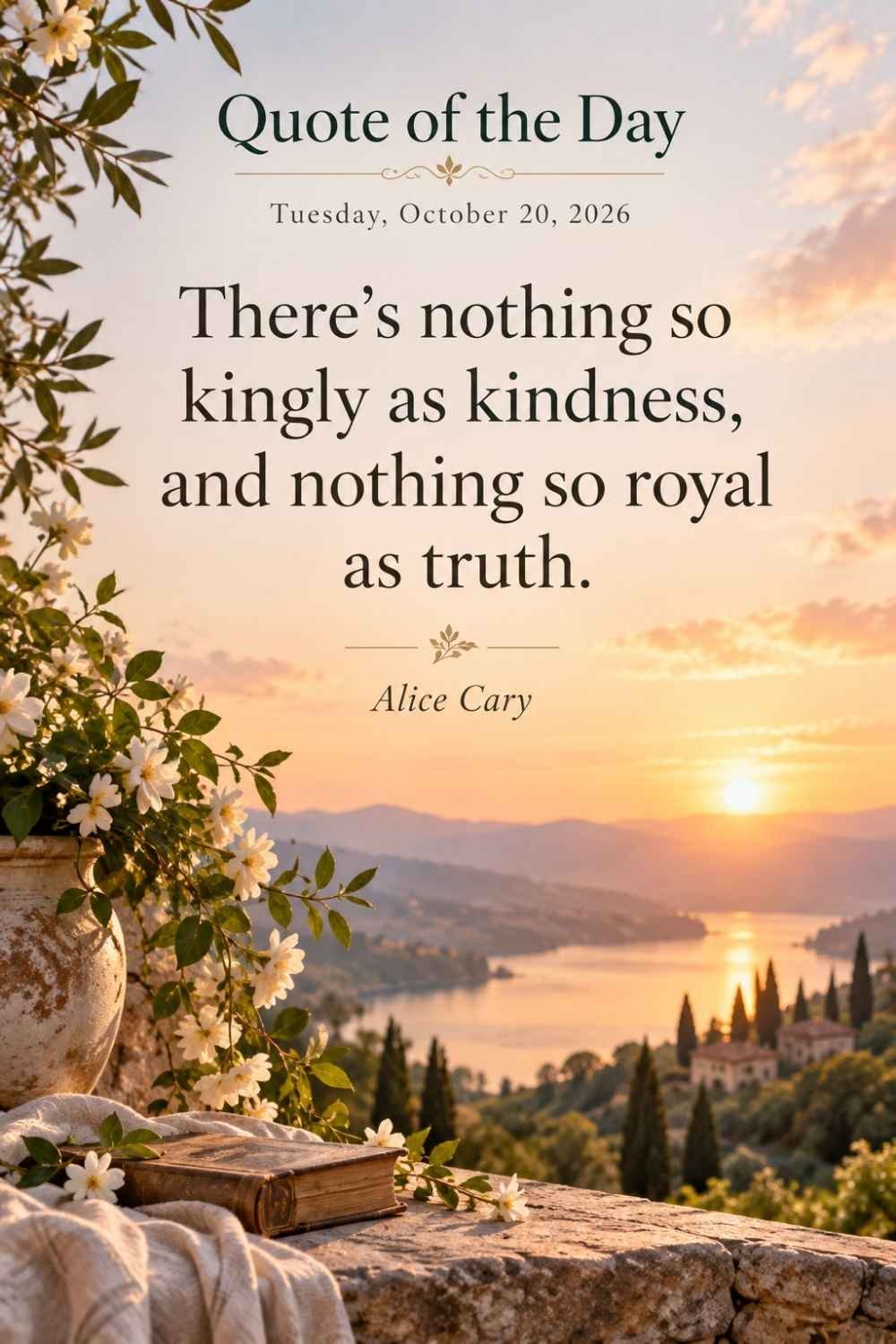 Quote of the Day for Tuesday, October 20, 2026 by Alice Cary: There's nothing so kingly as kindness, and nothing so royal as truth.