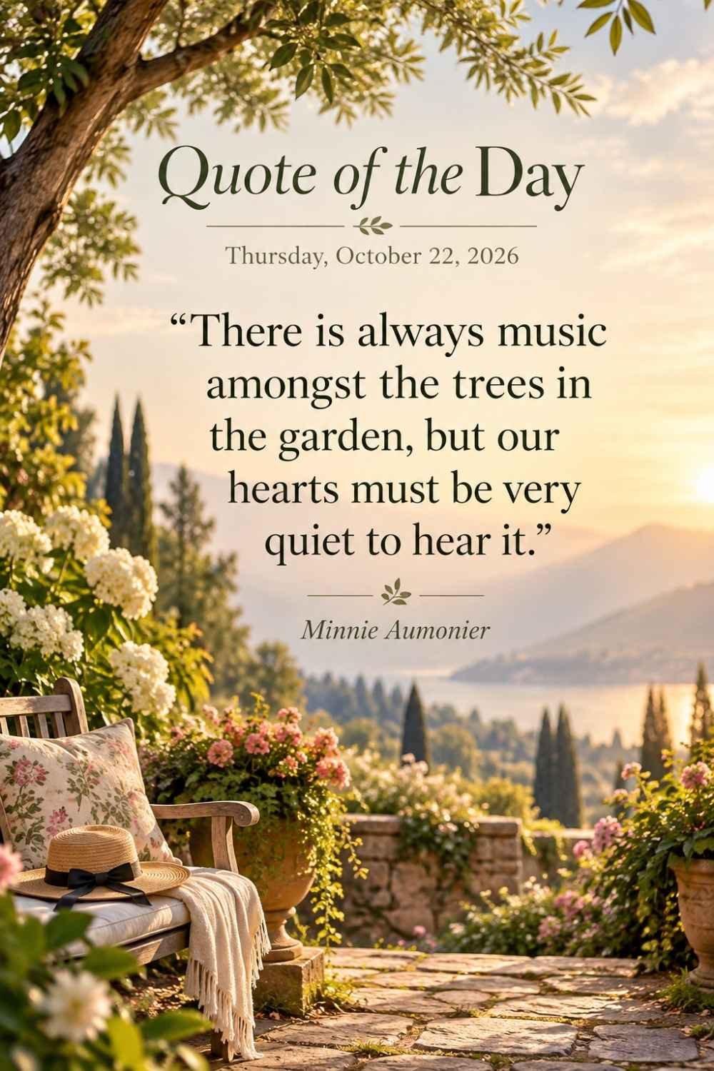 Quote of the Day for Thursday, October 22, 2026 by Minnie Aumonier: There is always music amongst the trees in the garden, but our hearts must be very quiet to hear it.