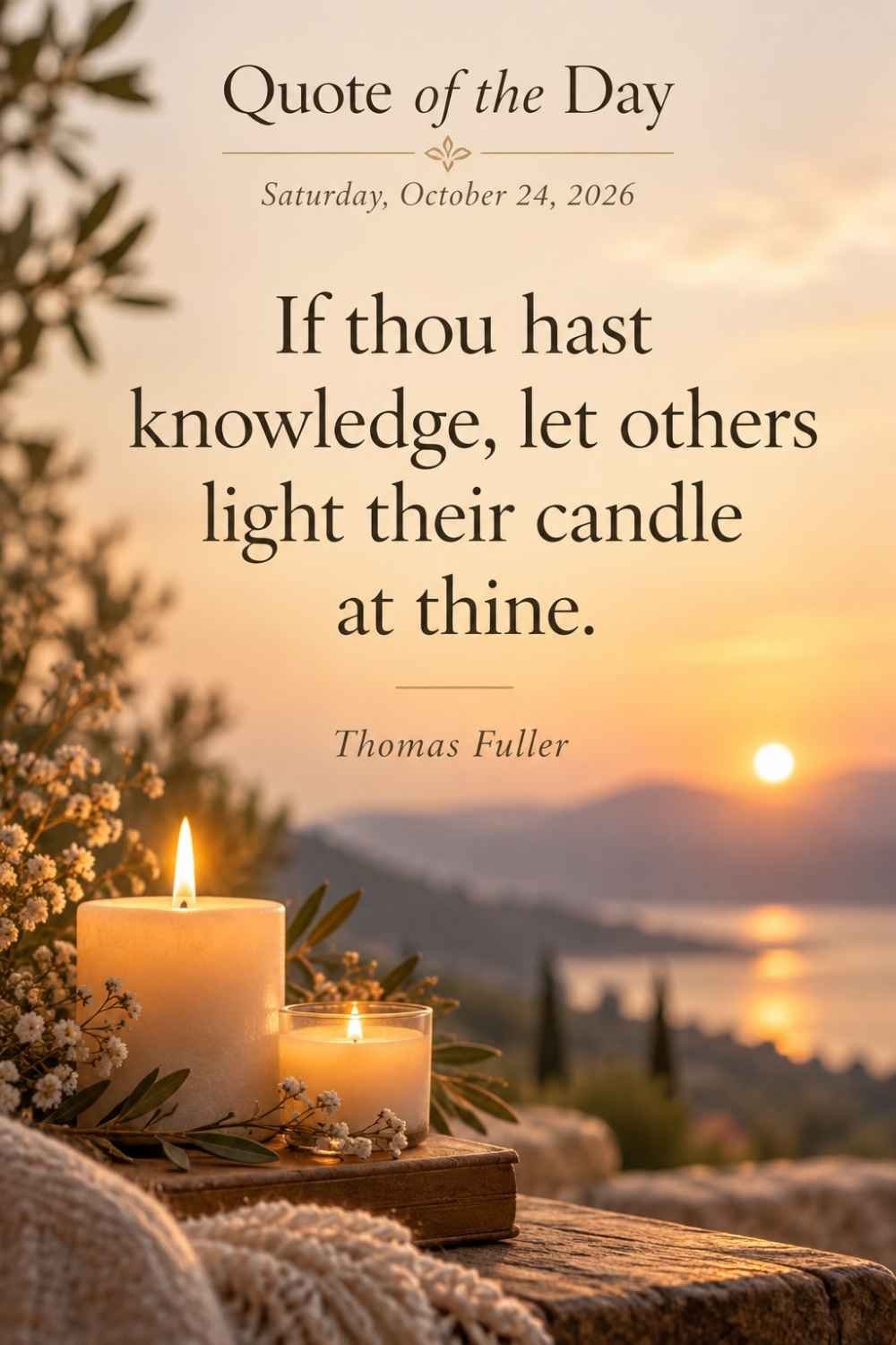 Quote of the Day for Saturday, October 24, 2026 by Thomas Fuller: If thou hast knowledge, let others light their candle at thine.