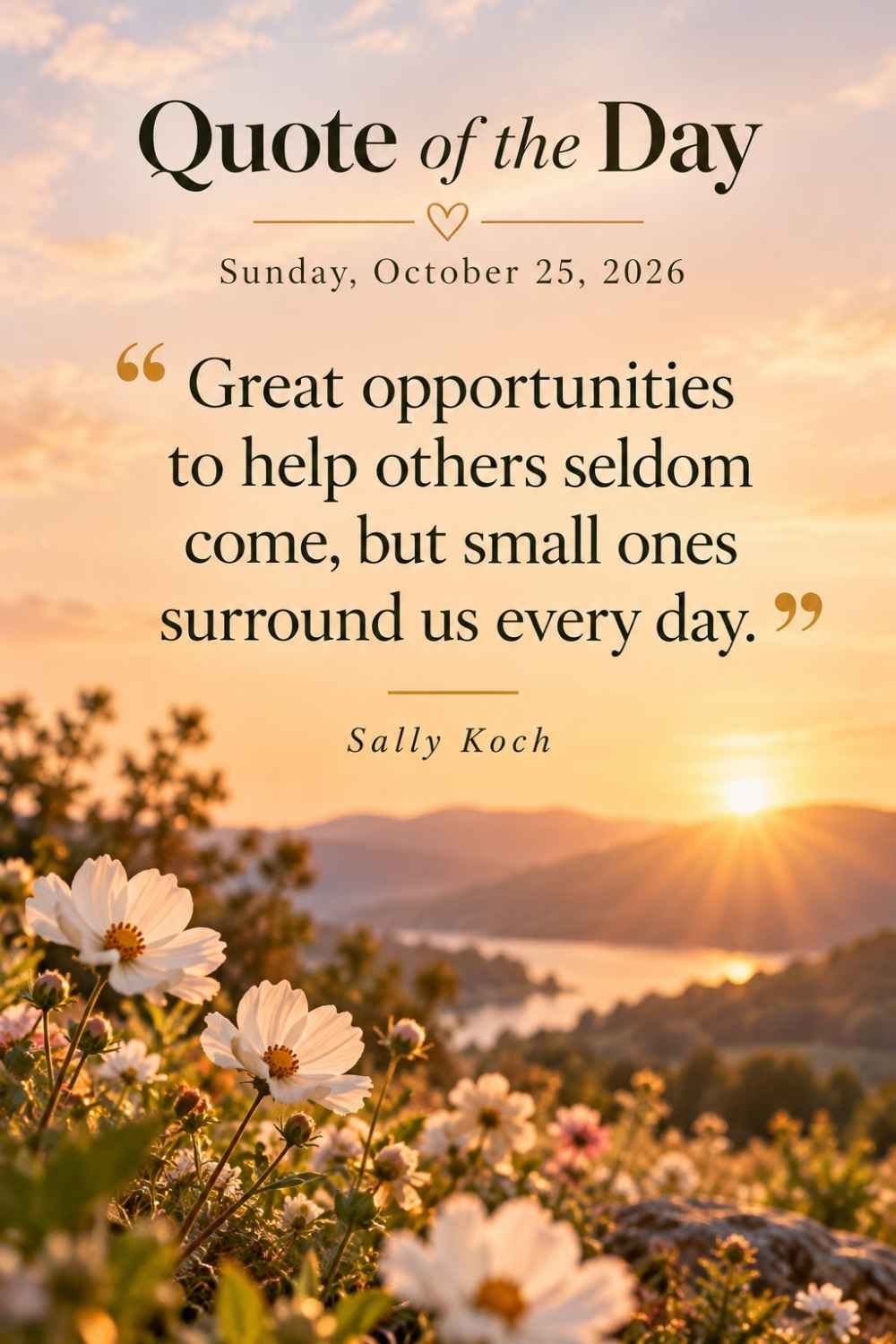 Quote of the Day for Sunday, October 25, 2026 by Sally Koch: Great opportunities to help others seldom come, but small ones surround us every day.