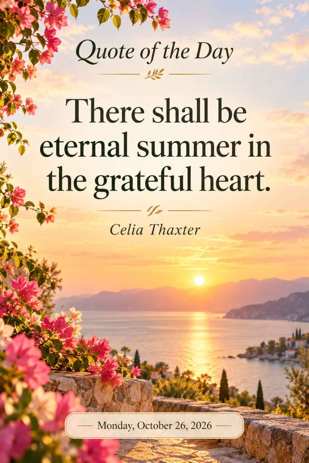 Quote of the Day for Monday, October 26, 2026 by Celia Thaxter: There shall be eternal summer in the grateful heart.