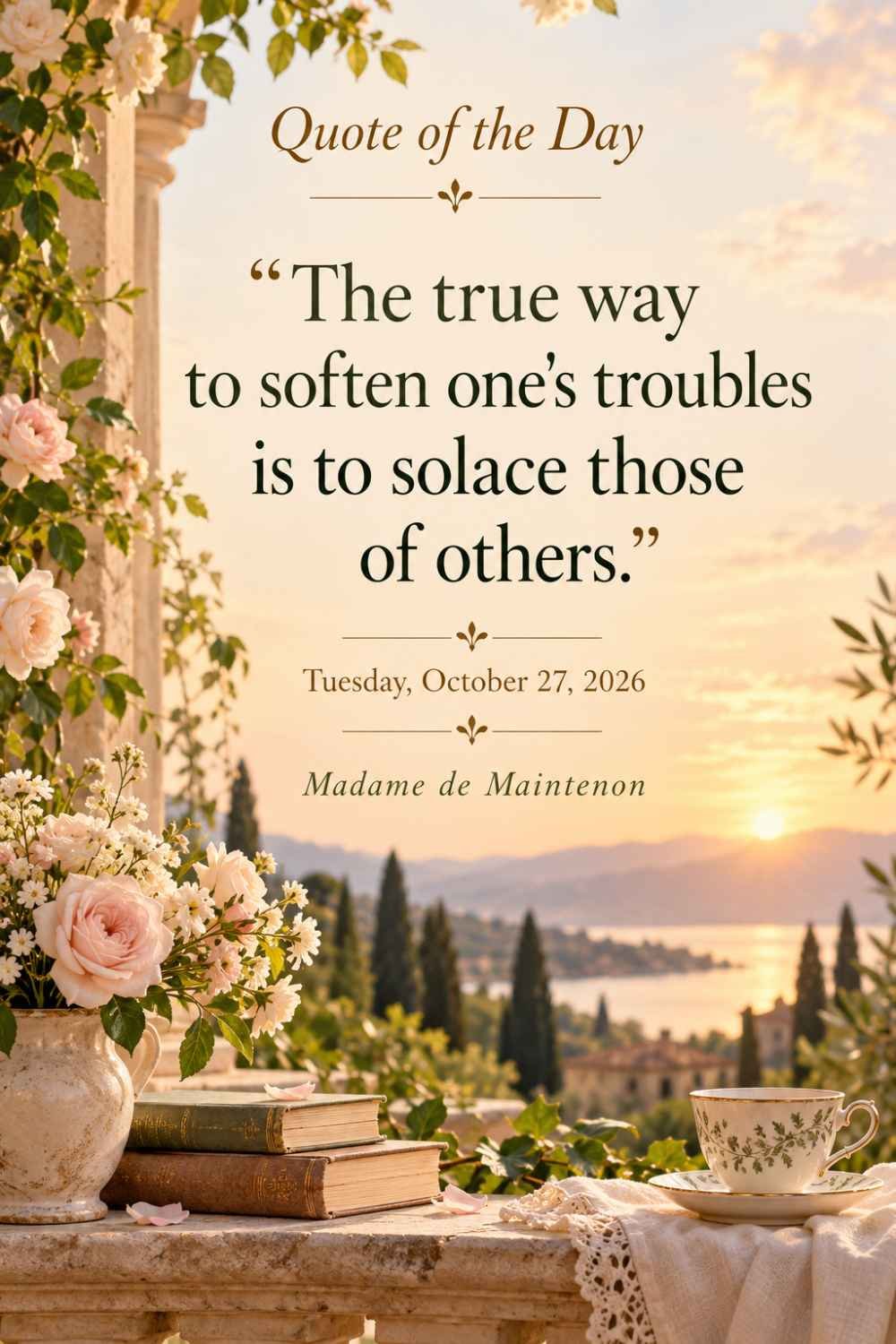 Quote of the Day for Tuesday, October 27, 2026 by Madame de Maintenon: The true way to soften one's troubles is to solace those of others.