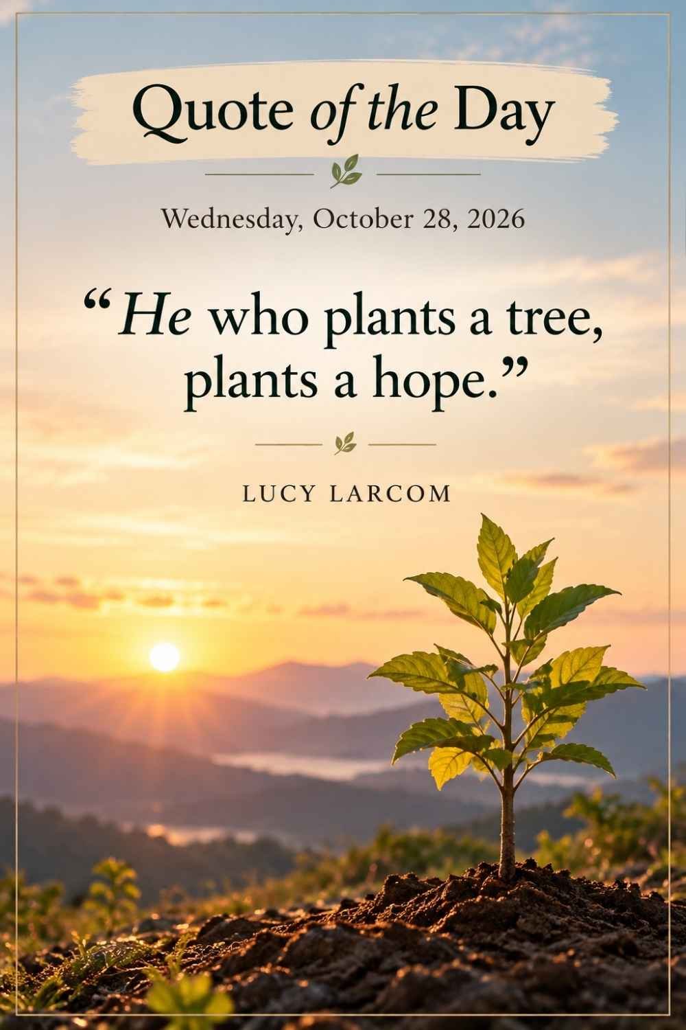 Quote of the Day for Wednesday, October 28, 2026 by Lucy Larcom: He who plants a tree, plants a hope.