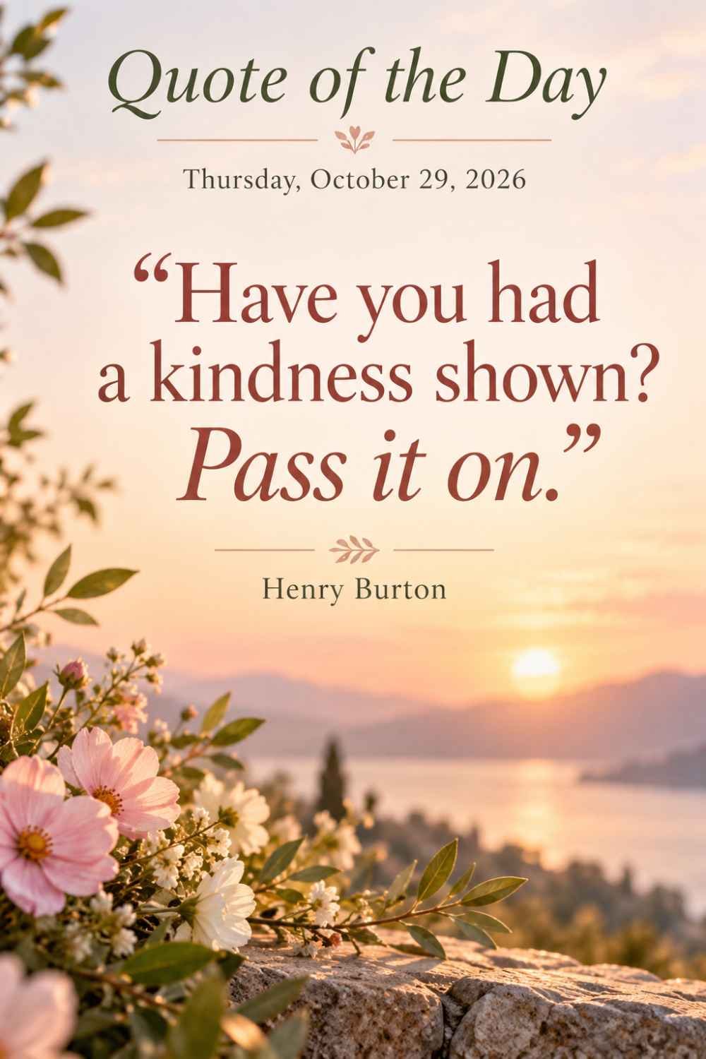 Quote of the Day for Thursday, October 29, 2026 by Henry Burton: Have you had a kindness shown? Pass it on.