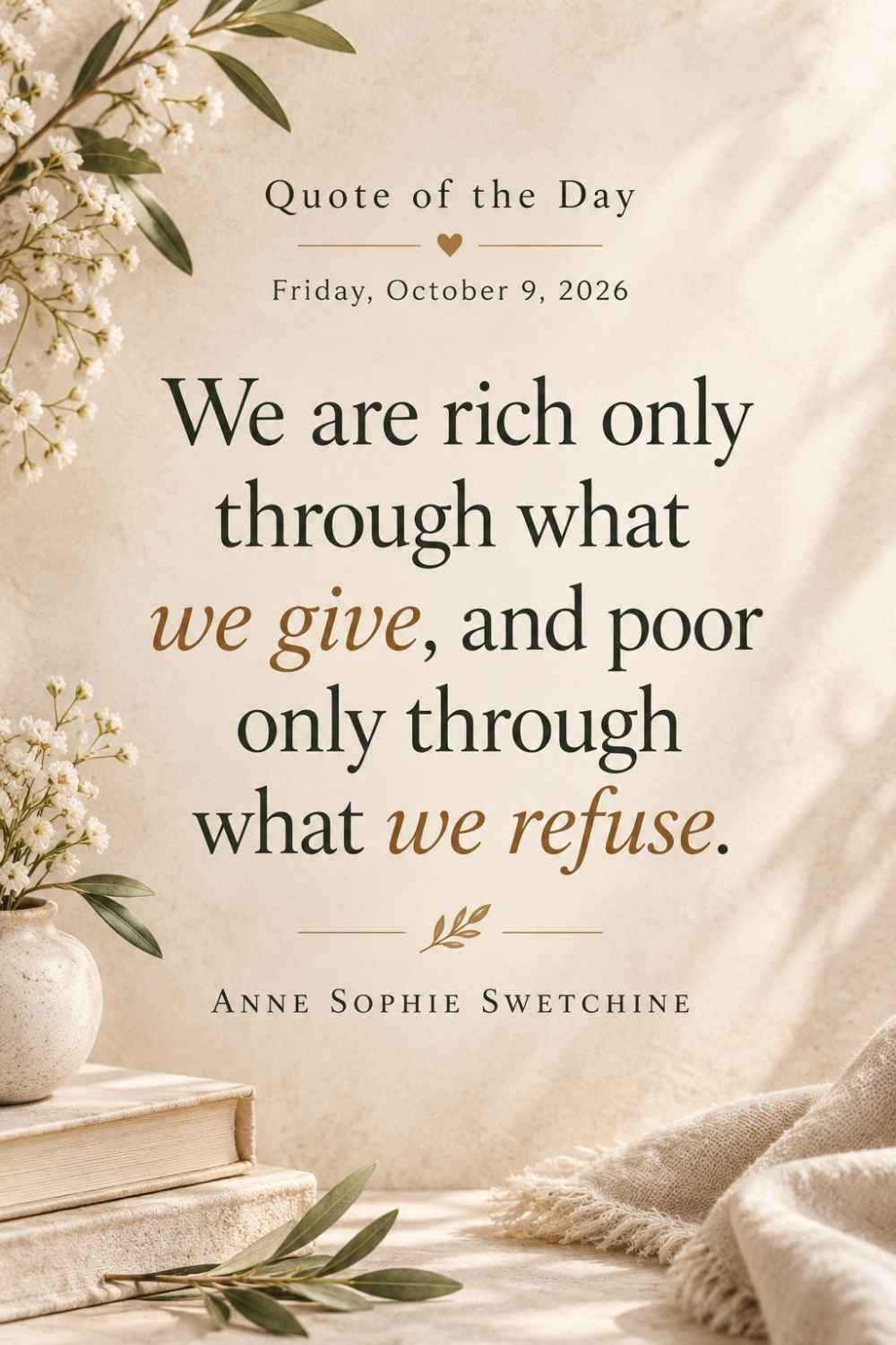 Quote of the Day for October 9, 2026 by Anne Sophie Swetchine - We are rich only through what we give, and poor only through what we refuse.